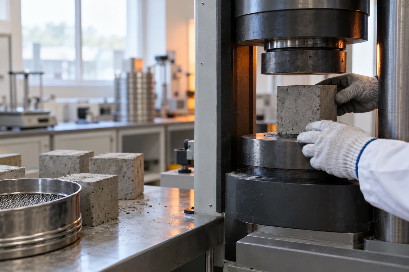 Compression test of a cement cube in a laboratory